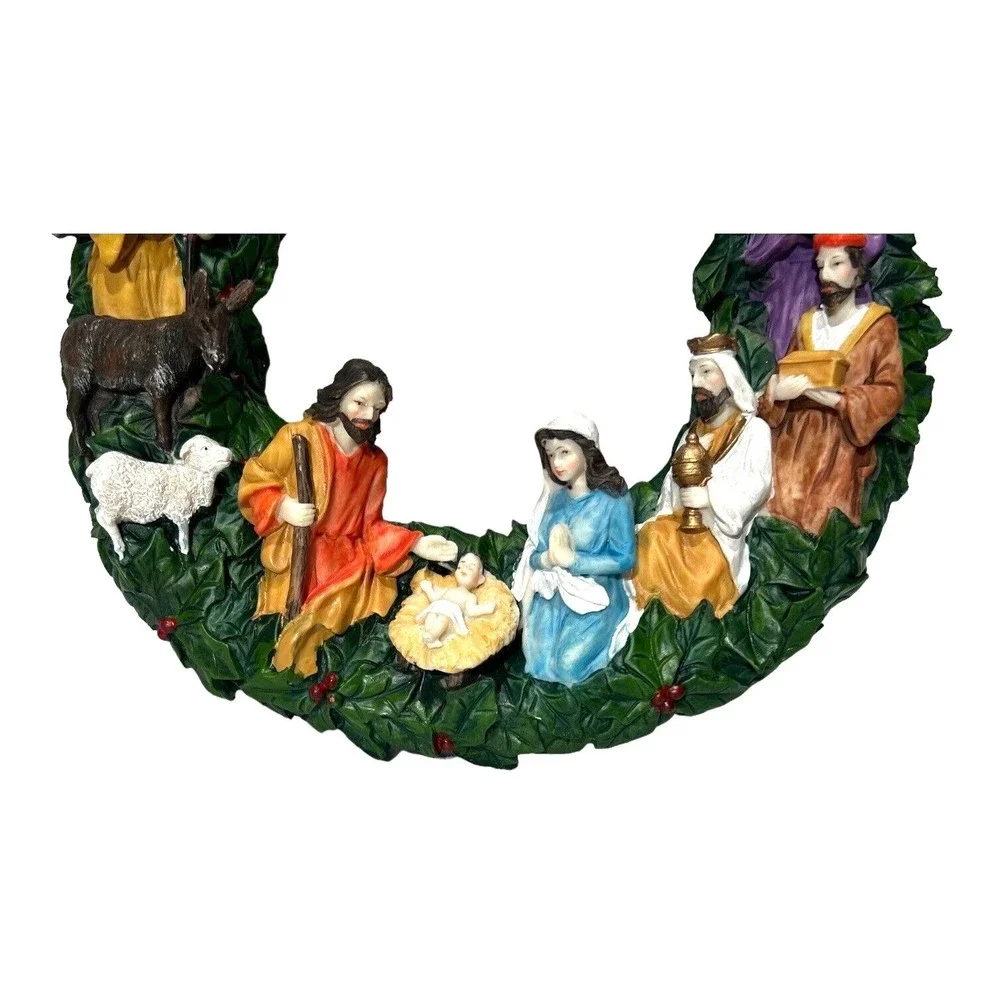 Nativity Christmas Scene Manger w/Top Star Light  Resin 12" Wreath Wall Hanging‎ - Picture 3 of 7